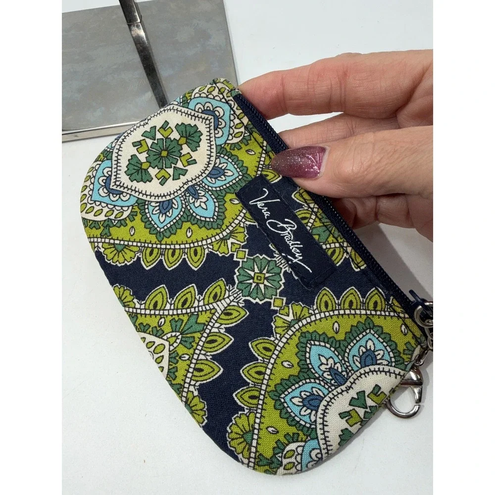 Vera Bradley Zip ID Case Provencal Blue Green Floral Paisley Keychain Wallet